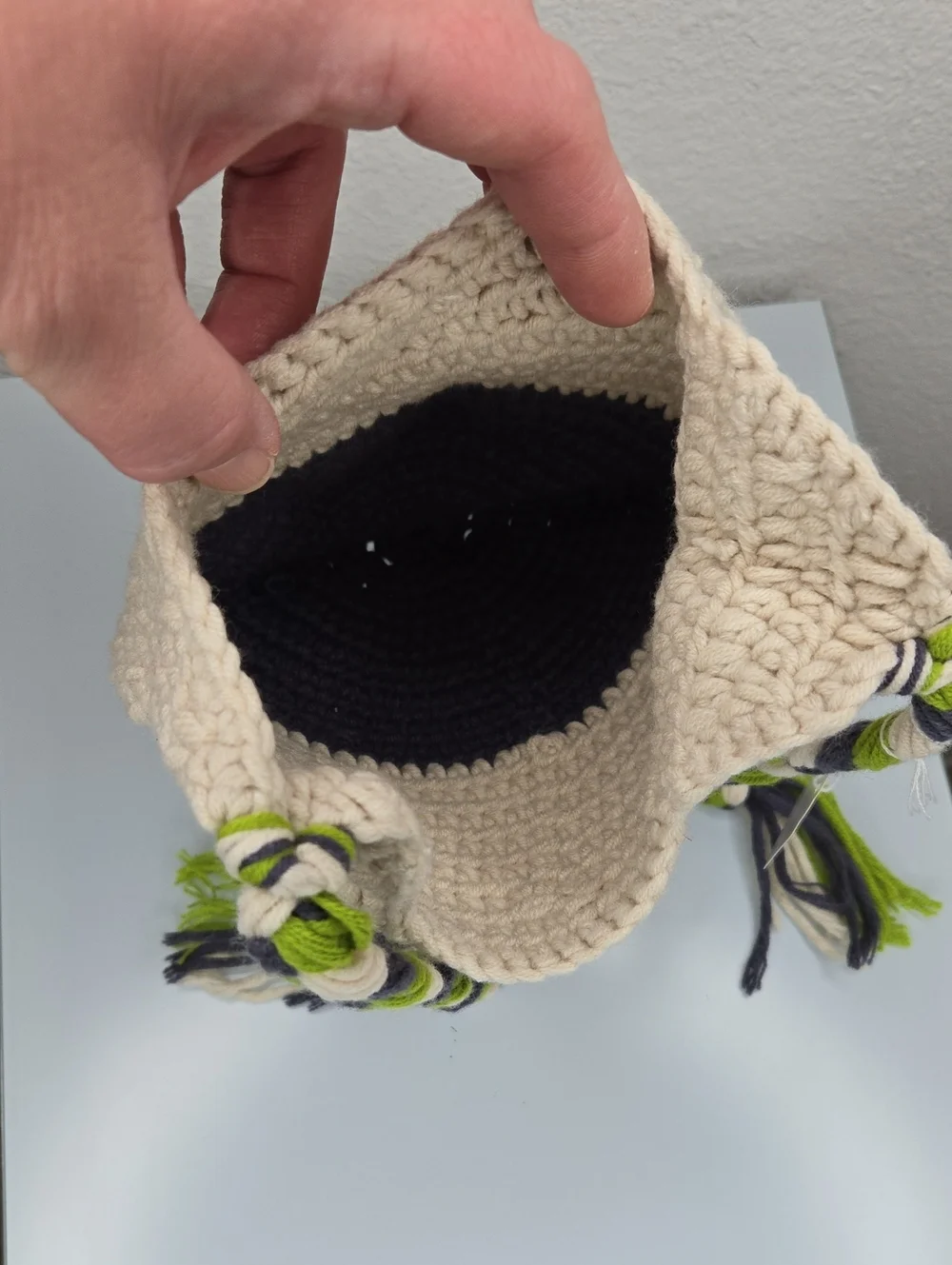 Crochet Owl Beanie Hat Beige & Navy NWT